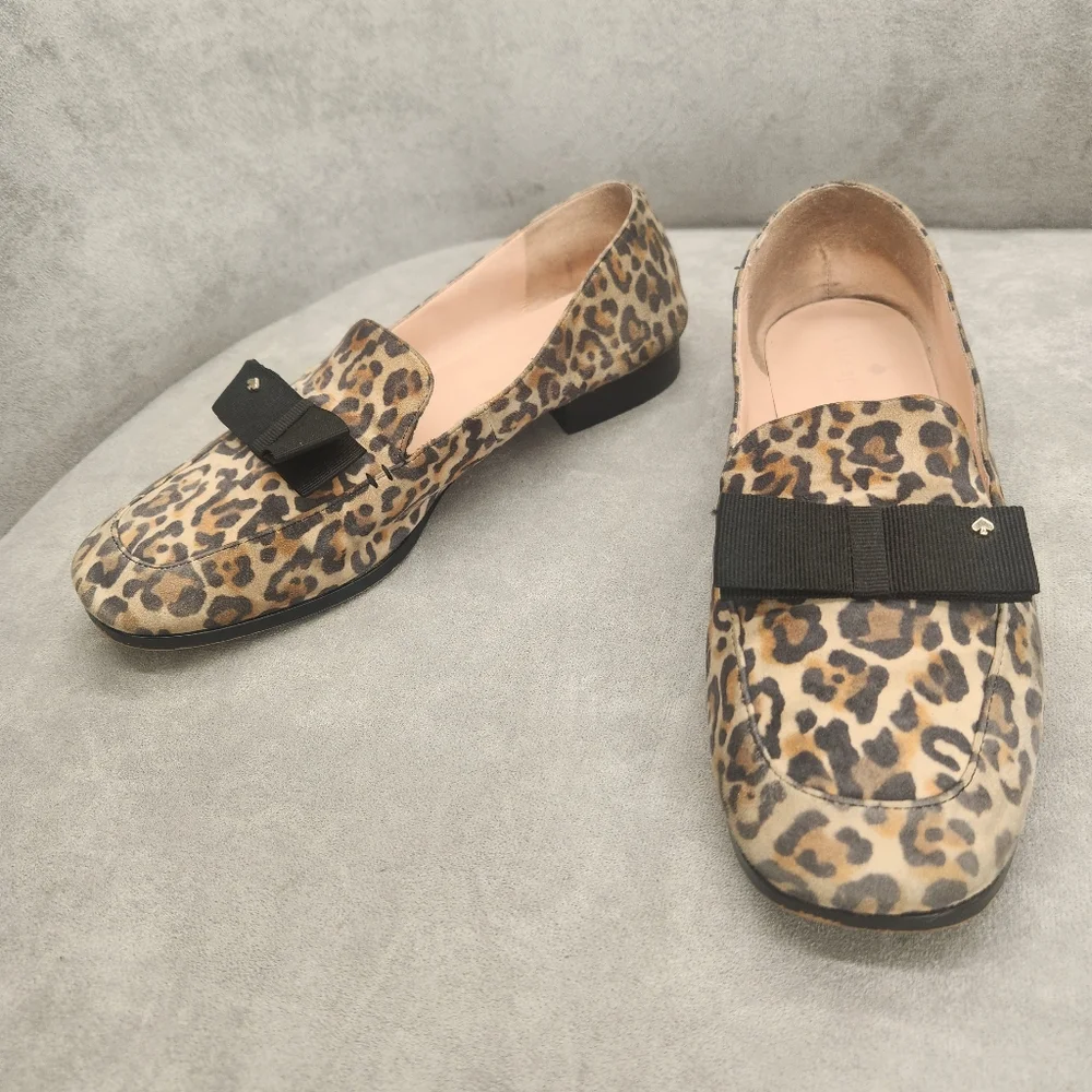 Kate Spade Loafers 8.5 Leopard Tan Leather Daphne Black Bow Logo Animal Print